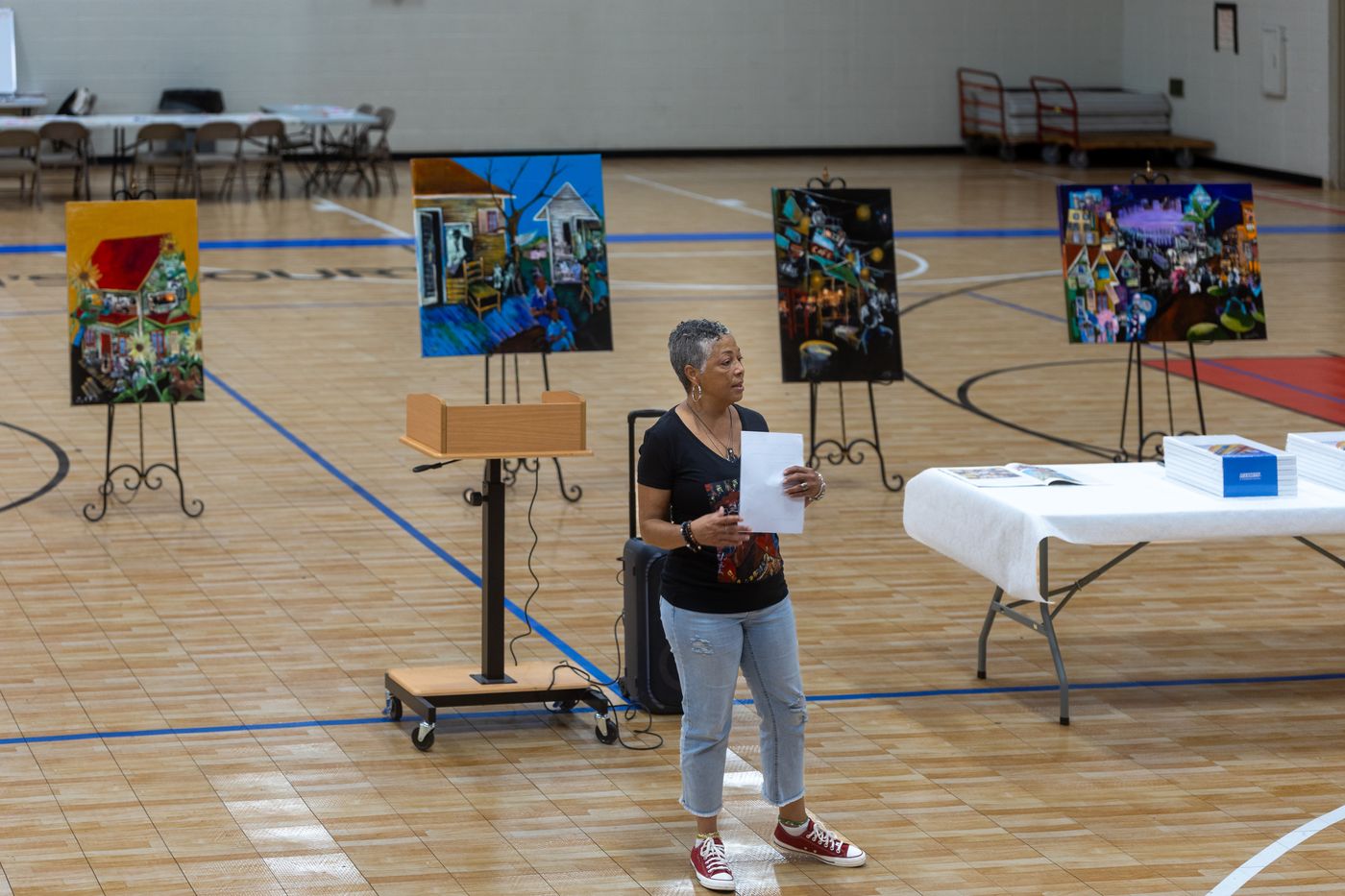 Bryant's originals on easels for the exhibit